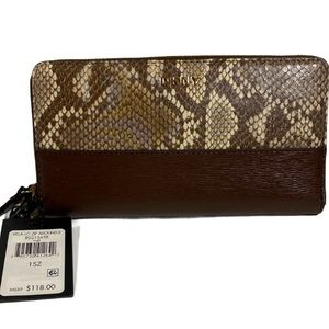 DKNY Wallet Large Zip Around Wallet Faux Leather Brown Natural Snake Print